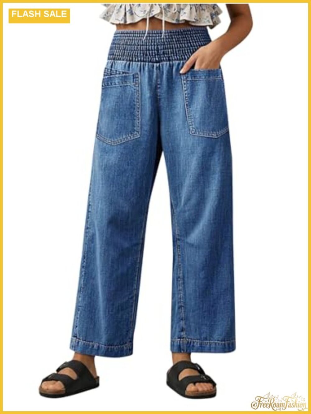 High Rise Straight Leg Jeans Pull On Wide Leg Stretchy Casual Denim Pants